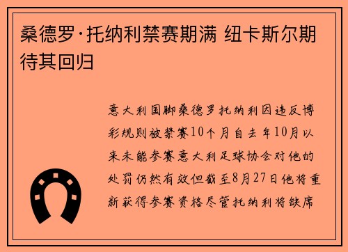 桑德罗·托纳利禁赛期满 纽卡斯尔期待其回归